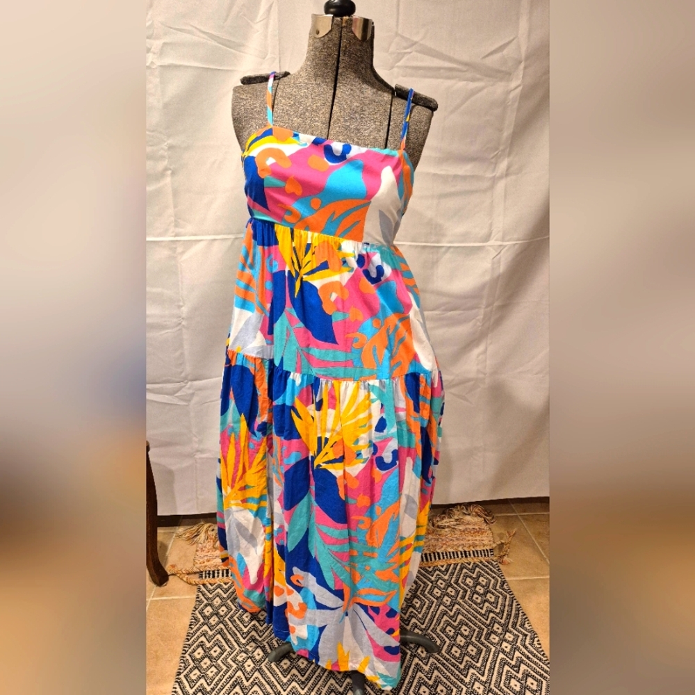 J.Crew Ladies Sz 6 Dress Tie Back Tiered Midi Maxi Tropical Pockets!